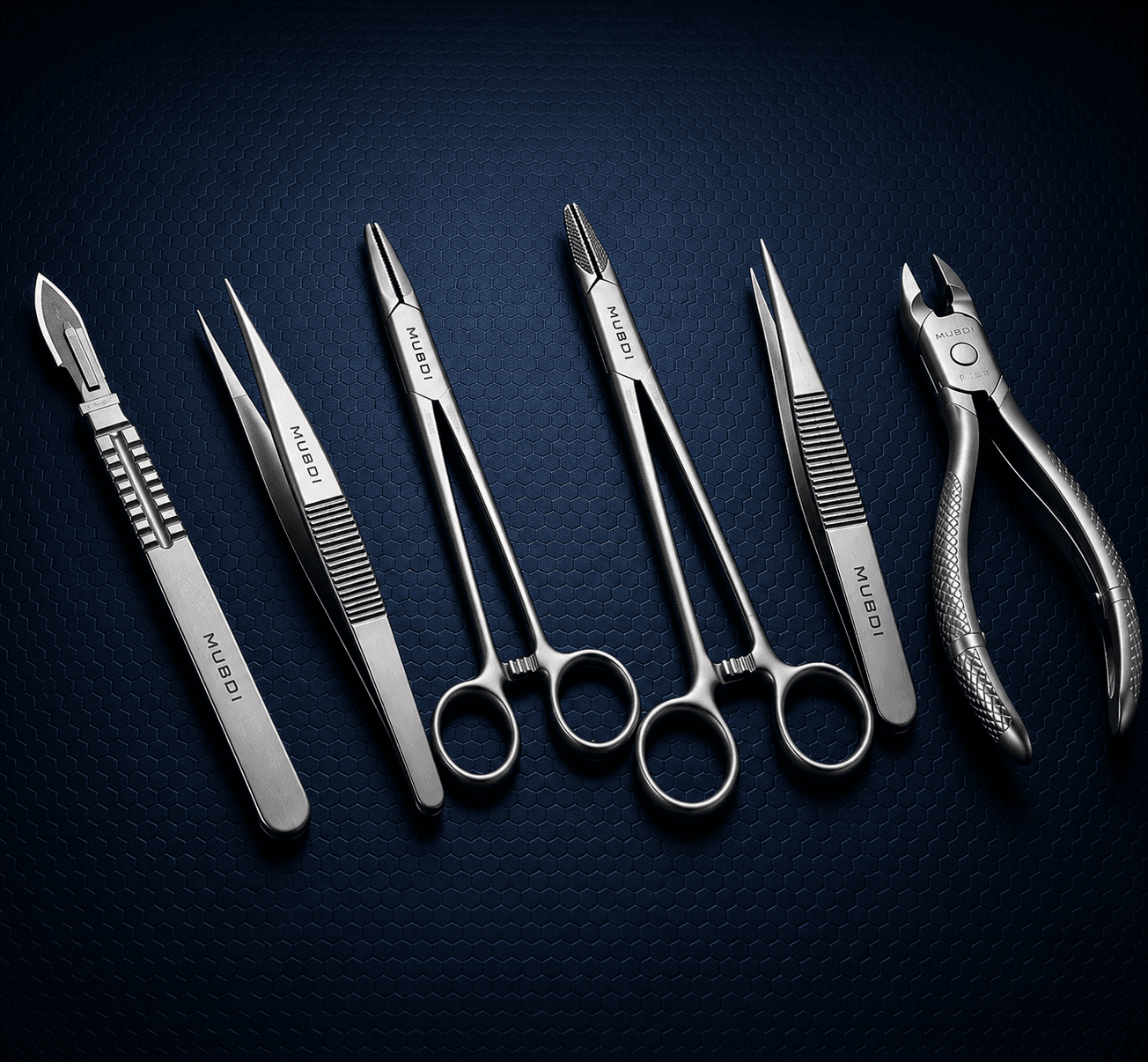 Precision stainless-steel surgical instruments arranged in a studio setting